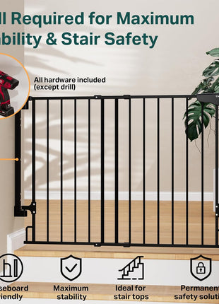 Cumbor 29.2–43" Baby Gate for Stairs, Hardware Mounted (Drill Required), Expandable No Bottom Bar Dog Gate, Auto Close Extra Wide Walk Thru, Pet & Toddler Proof Gate, Top & Bottom of Stairways(Black)