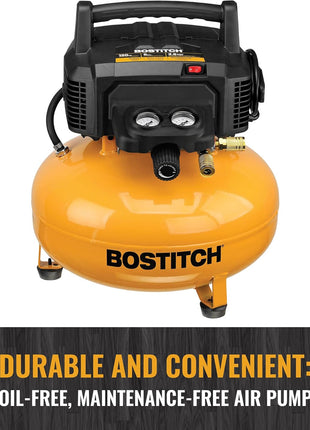 Bostitch 6 Gallon Pancake Air Compressor & 13 Piece Accessory Kit: Air Hose, Blow Gun and Adapter, Blow Chuck, Tire Gauge, Rubber Blow Gun Nozzle, Inflation Needle, and Male Quick Connect Plug