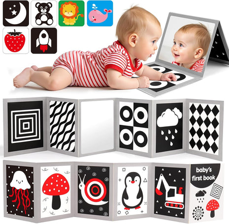 Black and White High Contrast Baby Books Flash Cards Tummy Time Mirror Toys Newborn Toys 0 6 Months Brain Development Infant Stimulating Sensory Toy 0-3 3-6 2 4 5 Month Old Essential