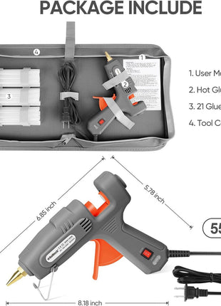 Full Size Hot Glue Gun with 60/100W Dual Power and 21 Hot Glue Sticks (7/16"), Fast Preheating Heavy Duty Industrial Gluegun with Storage Case for Crafting, DIY and Repairs (Gray)