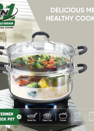 SUNHOUSE 3.1 QT Stainless Steel Steamer Pot for Cooking Vegetables | Steaming Pot with Glass Lid & Steamer Basket - 2 Tier Tri-ply Stovetop Steamer For Vegetable, Veggie - Induction Compatible