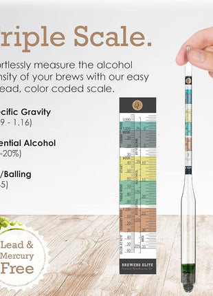 Brewer's Elite Hydrometer   for Home Brew Beer, Wine, Mead and Kombucha   Deluxe Triple Scale Set, Hardcase and Cloth   Specific Gravity ABV Tester