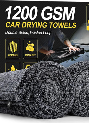 2-Pack 1200 GSM Car Drying Towels – Microfiber Towels for Cars (36 inch x 24 inch), Ultra-Absorbent, Streak-Free, Scratch-Free, No Water Spots, Double-Twist Pile & Edgeless Design