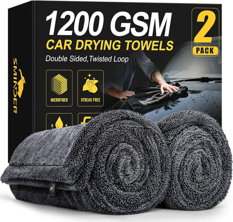 2-Pack 1200 GSM Car Drying Towels – Microfiber Towels for Cars (36 inch x 24 inch), Ultra-Absorbent, Streak-Free, Scratch-Free, No Water Spots, Double-Twist Pile & Edgeless Design