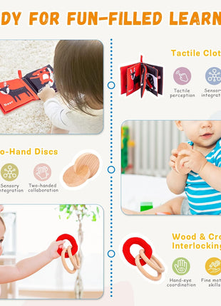 Adena Montessori Play Kit for 3-4 Months Baby,8 in 1 Wooden Learning Educational Toys for Toddler,Include Framed Mirror Book,High-Contrast Cards and More,Christmas Birthday Gift for Boys Girls
