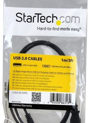 StarTech.com 1m 3 ft Micro-USB Charge-and-Sync Cable - Right-Angle Micro-USB - M/M - USB to Micro USB Charging Cable - 30/24 AWG (USBAUB1MRA)