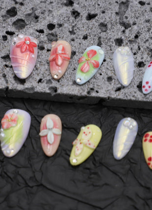 Handmade Medium Almond Nails Thick Press on Nails Aurora Colourful Fake Nails with 3D Tropical Flower Art Design Reusable Acrylic False Nails, Nature Stick on Nail for Wome (Size S)