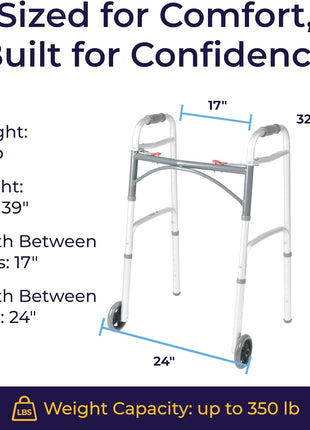 Drive Medical Two-Button Folding Walker with Wheels, Height Adjustable | Two-Button Rolling Walker Features Dual Push-Button Operation, Adjustable Height and Durable Aluminum Frame
