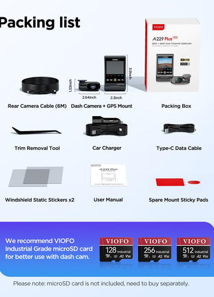 VIOFO A229 Plus Dash Cam Front and Rear, Dual STARVIS 2 Sensors, 2 Channel HDR, 1440P+1440P Voice Control Car Dash Camera, 5GHz Wi-Fi, Voice Control, Ultra-Precise GPS