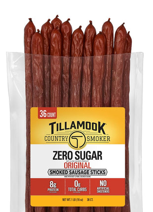 Tillamook Country Smoker Smoked Sausage, Zero Sugar, Original, 16 Ounce (36 Count Meat Sticks Bulk Pack) Real Hardwood Smoked Sausages, Low Carb, High Protein Ready to Eat Keto Snack