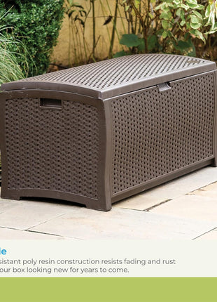 Suncast DBW9200 99 Gallon Outdoor Wicker Plastic Patio Storage Chest Bin with Handles for Patio, Garden, Garage, or Pool for All Weather, Mocha