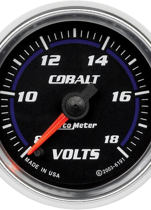Auto Meter 6191 Cobalt 2-1/16 inch 8-18V Full Sweep Electric Voltmeter