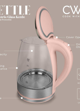 COOK WITH COLOR Electric Tea Kettle, 1.8L Cordless Hot Water Boiler, 1200W Rapid Boil, Auto Shutoff & Boil Dry Protection, BPA Free, Sleek Countertop Design, Blush