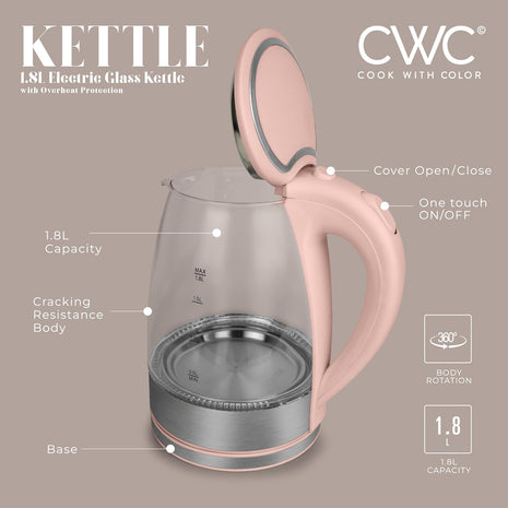COOK WITH COLOR Electric Tea Kettle, 1.8L Cordless Hot Water Boiler, 1200W Rapid Boil, Auto Shutoff & Boil Dry Protection, BPA Free, Sleek Countertop Design, Blush
