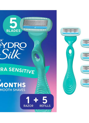 Schick Hydro Silk Ultra Sensitive Razor for Women | Womens Razor for Sensitive Skin, 5 Blade Razors for Women, Womens Razors for Shaving, Includes 1 Handle & 5 Refills