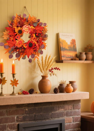 24" Fall Wreath for Front Door Outside - Sunflower, Pumpkin, Berry & Maple Leaves | Weatherproof Autumn Outdoor Wreaths with Hanger Hook for Thanksgiving, Harvest