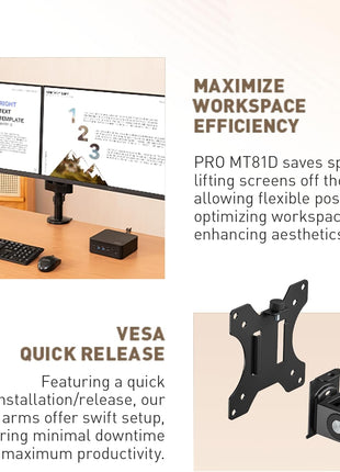MSI PRO MT81D - Premium Aluminum Dual Monitor Stand Arms, Supports 17-32" & 17.6 lbs per Screen, VESA Compatible, Adjustable Desk Mount, Clamp & Grommet Base, Quick Release Plate - Black