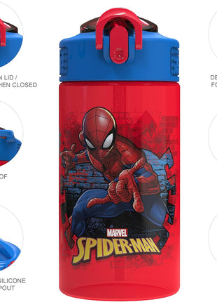Zak Designs Marvel SpiderMan Kids Spout Cover and Built-in Carrying Loop Made of Plastic, Leak-Proof Water Bottle Design (16 oz, BPA-Free)