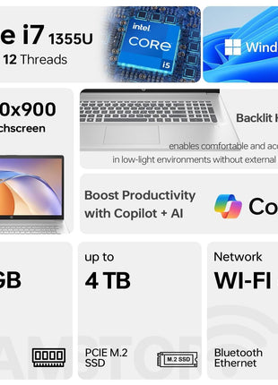 HP 17 Laptop, 17.3"" HD+ Touchscreen Display, 12th Gen Intel Core i7-1255U, 64GB RAM, 2TB SSD, Webcam, HDMI, SuperSpeed USB Ports, Wi-Fi 6, Windows 11 Home, Silver, TPN-I139_4V788AV