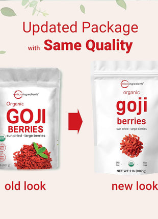 Micro Ingredients Organic Goji Berries 2lbs (32oz) | Large Whole Sun-Dried Berries | Raw Superfood Wolfberries | Natural Flavor for Trail Mix, Juice, & Tea | Sulfate Free, Vegan Friendly, Non-GMO