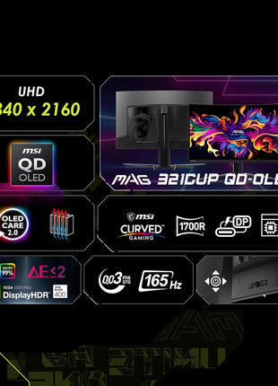 msi MAG 321CUP QD-OLED, 32-Inch, 4K UHD, 3840x2160, OLED Monitor, 165Hz, 0.03ms, DisplayHDR True Black 400, G-SYNC Compatible, HDMI 2.1, DP 1.4a, USB C (15W PD), Tilt/Height Adjustable, Black