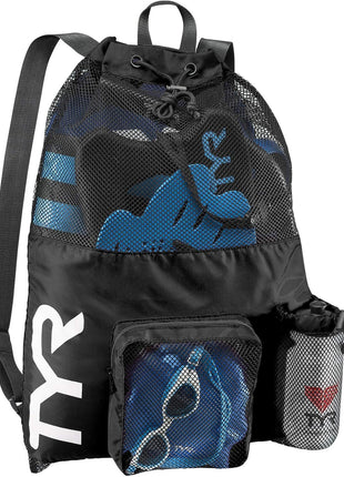 TYR Big Mesh Mummy Backpack for Swim, Gym and Workout Gear, Black, 40-Liter Capacity