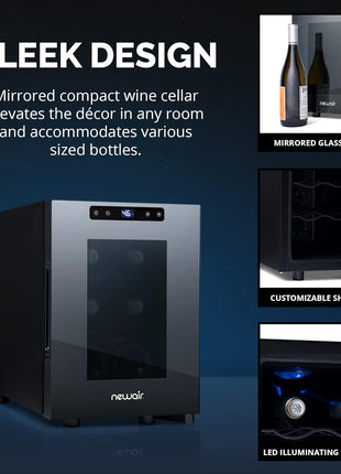 NewAir 10" Wine Fridge for 6 Bottles | Freestanding Wine Cooler Refrigerator with Glass Door | Compact Countertop Storage with Precision Cooling & Quiet Operation | Black