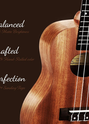 Ulumac Concert Ukulele, Solid Mahogany 23inch Ukelele for Adults Kids Beginner with Gig Bag, Digital Tuner, Replacing Strings, 3 Guitar Picks, Strap, Cloth