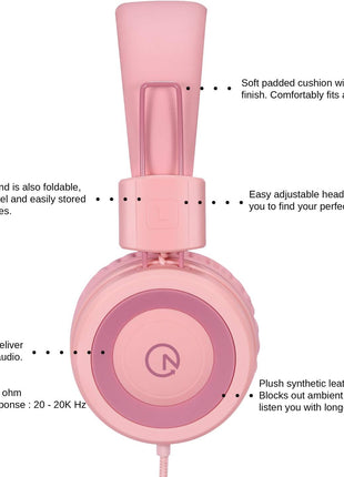 noot products Kids Headphones K11 Foldable Stereo Tangle-Free 5ft Long Cord 3.5mm Jack Plug in Wired On-Ear Headset for iPad/Girls/Boys/School/Laptop/Travel/Plane/Tablet-Soft Pink