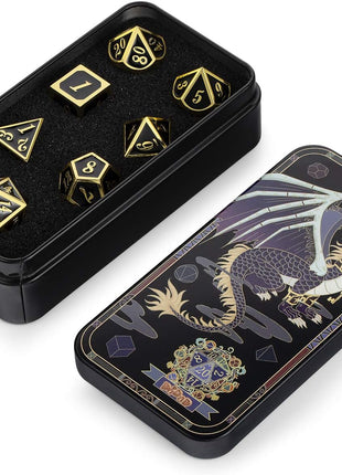 DNDND Metal Dice Set D&D, 7 die Metallic Polyhedral Dice Set with Gift Metal Box and Gold Number for DND Dungeons and Dragons Role Playing Games (Black and Gold)