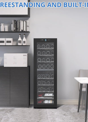 15 Inch Wine Cooler Refrigerator - 28 Bottle Capacity, Double-Layer Glass Door, Temperature Stable System, Digital Control, Single Area Dual Temperature, Built-in or Freestanding, with Lock