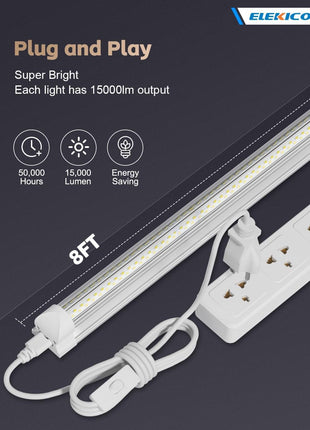 ELEKICO 12 Pack Super Bright 100w 8ft Led Shop Light, 15000lm 5000k V Shape 8' Led Shop Lights 8ft, Linkable 96" 8 Foot Shop Lights for Garage Workshop Shop Warehouse Lighting