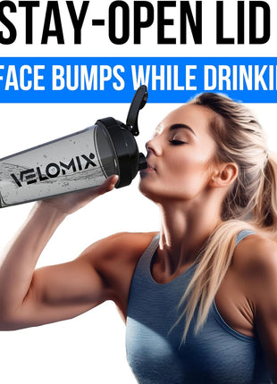 VELOMIx  2 Pack  28 oz Protein Shaker Bottles for Protein Mixes   2x Wire Whisk | Leak Proof Shaker Cups for Protein Shakes | Protein Shaker Bottle Pack (Black/Transparent)