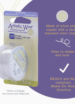 Artistic Wire, 20 Gauge Silver Plated Tarnish Resistant Colored Copper Craft Jewelry Wrapping Wire, Tarnish Resistant Silver, 6 yd