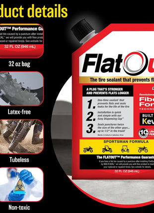 FlatOut Tire Sealant Sportsman Formula - Prevent Flat Tires, Seal Leaks, Contains Kevlar, 32-Ounce Bag, 1-Pack