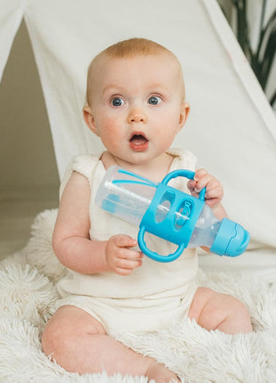 Dr. Brown's Milestones Narrow Sippy Straw Bottle, Spill-Proof with 100% Silicone Handles and Weighted Straw, 8 oz/250 mL, Blue/Gray, 6m+