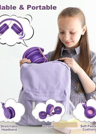 Kids Headphones, Wired Headphones for Kids On Ear with Microphone, 93dB Volume Limiter Headphone for Girls Boys, Foldable Lightweight Headphone for School Learning & Entertainment, Pink Purple