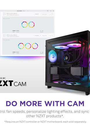 NZXT F280 RGB Core - 280mm Single-Frame RGB Fan Unit - Black | 280mm single-frame unit with two 140mm RGB fans on one cable. Speed and lighting controlled through CAM.