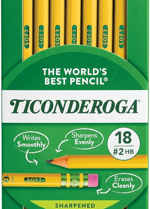 Ticonderoga Wood-Cased Pencils, Pre-Sharpened, #2 HB Soft, Yellow, 18 Count
