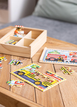 Melissa & Doug 4‐in‐1 Wooden Vehicle Jigsaw Puzzle Set, 48 Pieces with Storage Box, Toddler Puzzle Toy for Kids Ages 3+- FSC Certified