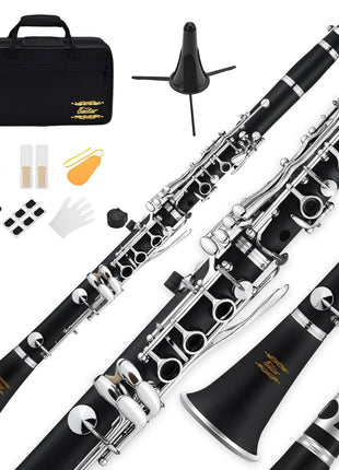 Eastar B Flat Clarinet for Beginner, Ebonite Clarinet Nickel-plated with 2 Barrels, 3 Reeds, White Gloves, Hard Case, Cleaning Kt, ECL-300