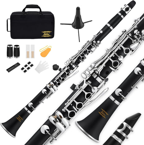 Eastar B Flat Clarinet for Beginner, Ebonite Clarinet Nickel-plated with 2 Barrels, 3 Reeds, White Gloves, Hard Case, Cleaning Kt, ECL-300