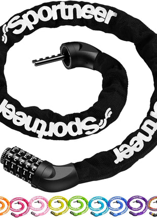 Sportneer Bike Lock: 5 Digit Combination High Security Anti Theft Bike Chain Lock - 3.2/3.6/4ft Heavy Duty Keyless Bicycle Lock for Bike, Motorcycle, Scooter, Door & Gate - 4/6mm Thick, Easy to Use