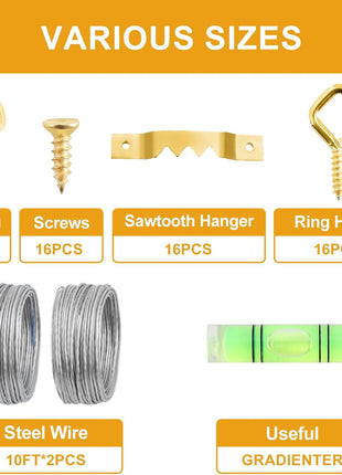 303Pcs Picture Hanging Kit, Picture Hangers Assorted Kit with Heavy Duty Picture Hanging Hooks/Hardware Nails/Sawtooth/Wire/D Rings/Level, Metal Picture Wall Hooks for Frame Canvas Mounting
