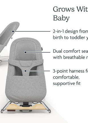 UPPAbaby Mira Bouncer/Portable 2-in-1 Bouncer + Seat Grows With Your Baby/GREENGuardÂ® Gold, JPMA + FSCÂ® certified/Cozy Seat Liner + Storage Bag Included/Charlie (Sand MÃ©lange/Black Chrome/Walnut Wood)