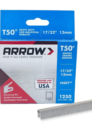 Arrow 50CT T50 Heavy Duty Staples for Staple Guns, Use for Ceiling Tile, Upholstery, Construction, Furniture, Crafts, 17/32-Inch, 1250-Pack