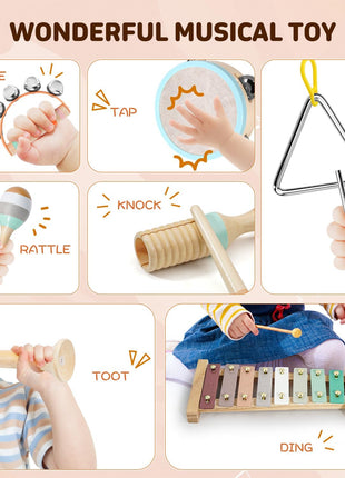 LeeQee Montessori Wooden Musical Instruments Set, Xylophone for Toddlers 2+ | Neutral Boho Colors, Nursery Decor Friendly, Sensory Percussion Toys for Preschool Boys and Girls, Early Learning Gift