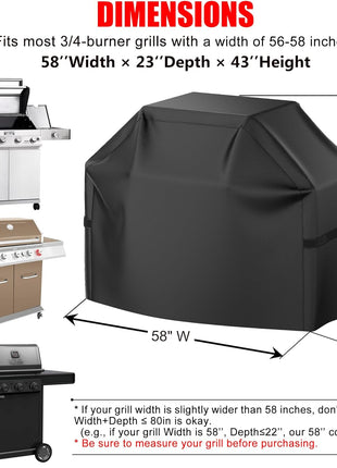 Grill Cover, 58 inch BBQ Gas Grill Cover for Outdoor Grill, Waterproof, Anti-UV, Rip-Proof, Fade Resistant Material, Barbecue Cover with Hook-and-Loop Straps & Adjustable Hem Drawstring, Black