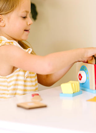 Melissa & Doug Bread and Butter Toaster Set (9 pcs) - Wooden Play Food and Kitchen Accessories