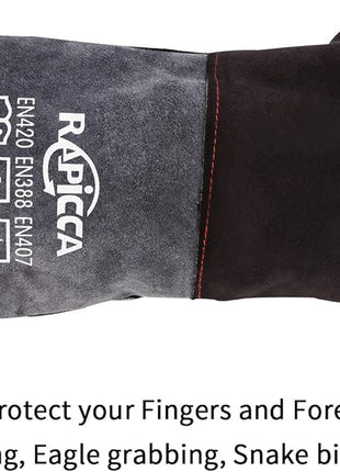 RAPICCA Animal Handling Gloves Bite Proof Double Leather Reinforced Padding Dog,Cat Scratch,Bird Handling Falconry Gloves Grabbing Reptile Squirrel Snake Bite 16in Grey-Black